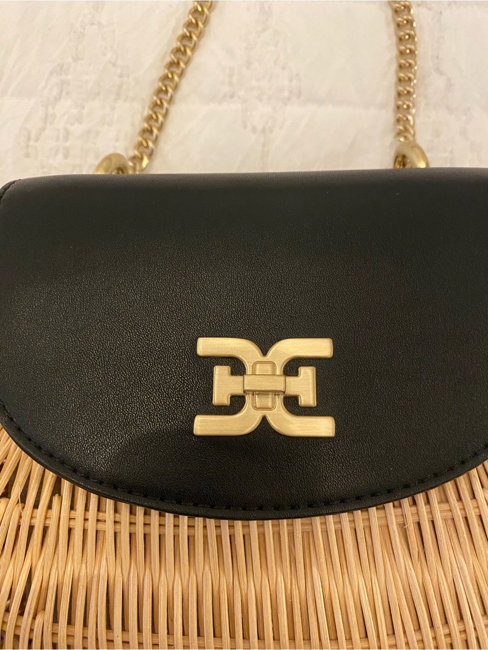Sam Edelman Black Leather Flap Wicker Crossbody with Gold Chain - Picture 9 of 12